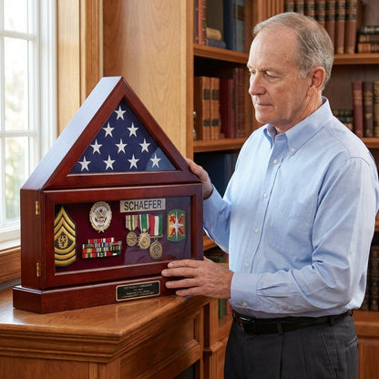 Combination Flag Display Case Shadow Box, Flag medal pedestal - Medallions in Solid Brass