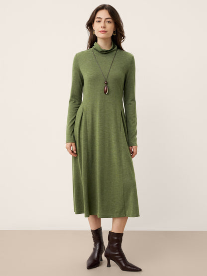 Wool Sculpted Pleats Turtleneck Midi Dress BRIAR