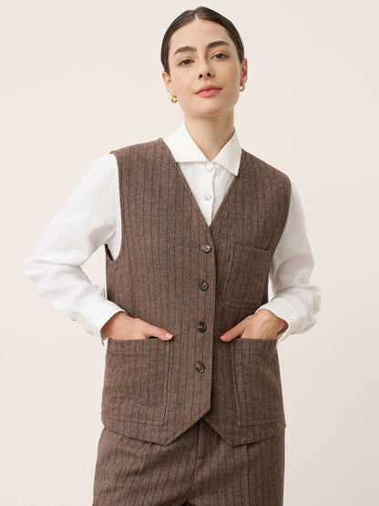Wool Striped V-Neck Button-Detail Vest ELUNED