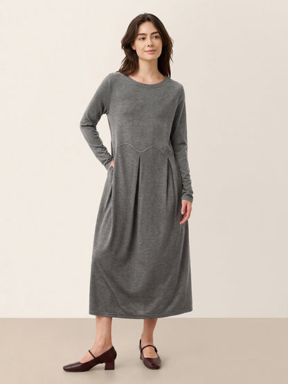 Wool Arc-Panel Sculpted Pleats Midi Dress CALISTA