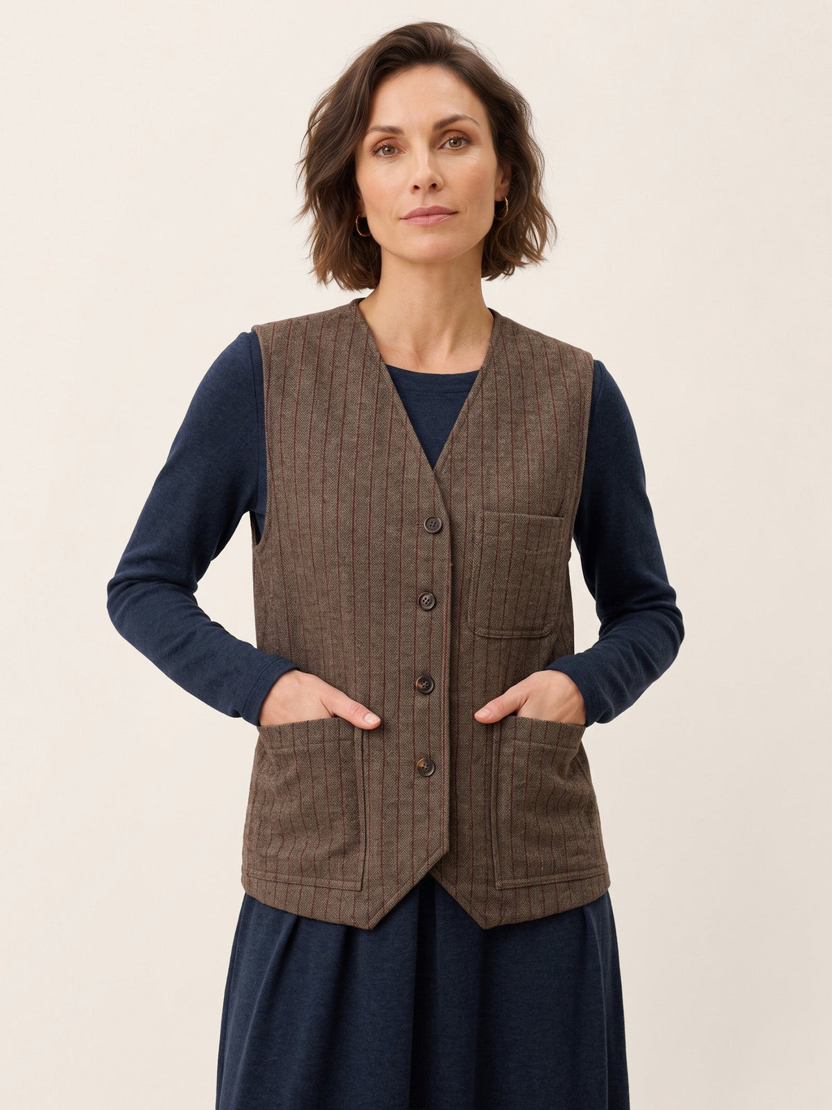 Wool Striped V-Neck Button-Detail Vest ELUNED