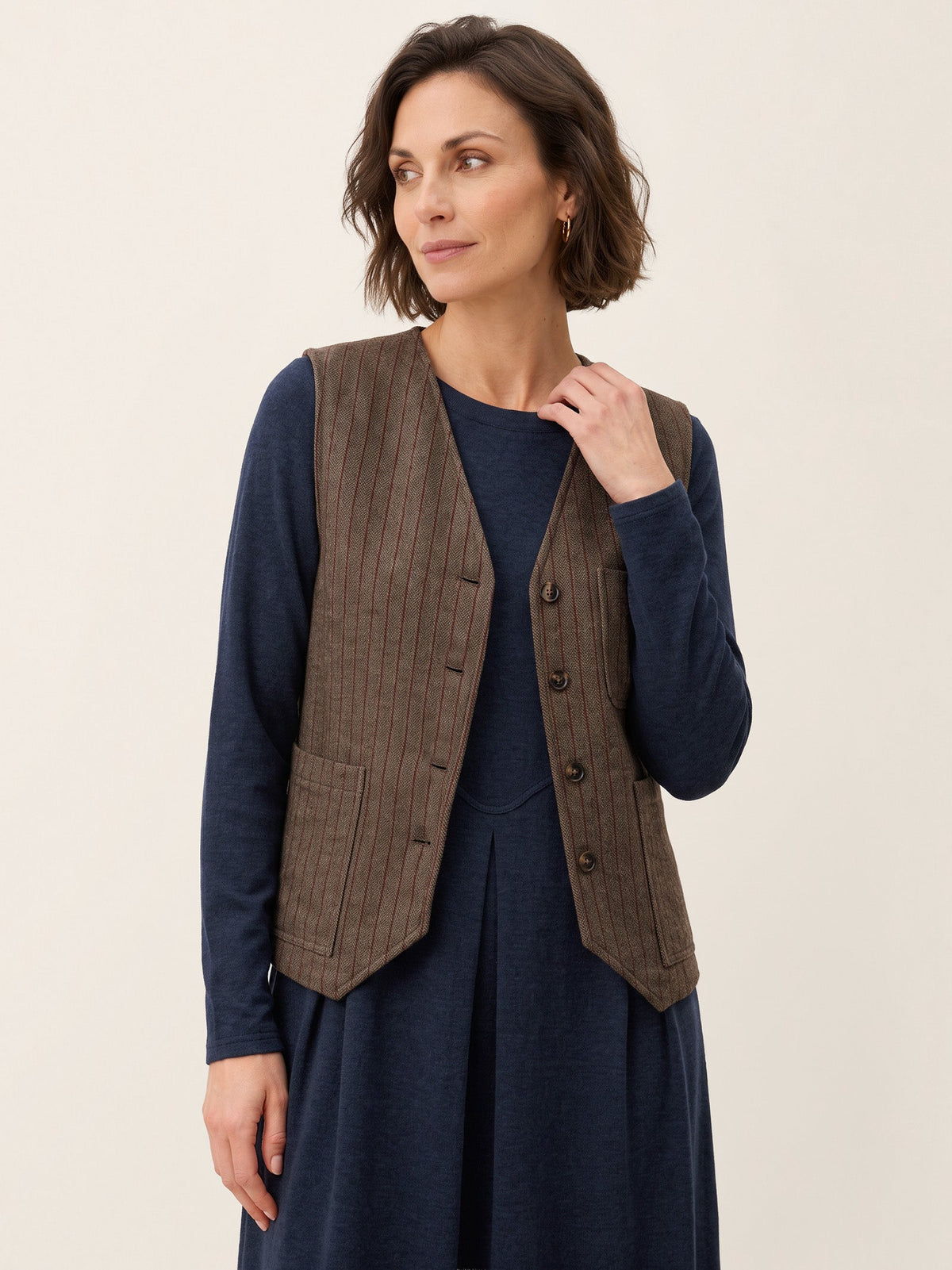 Wool Striped V-Neck Button-Detail Vest ELUNED
