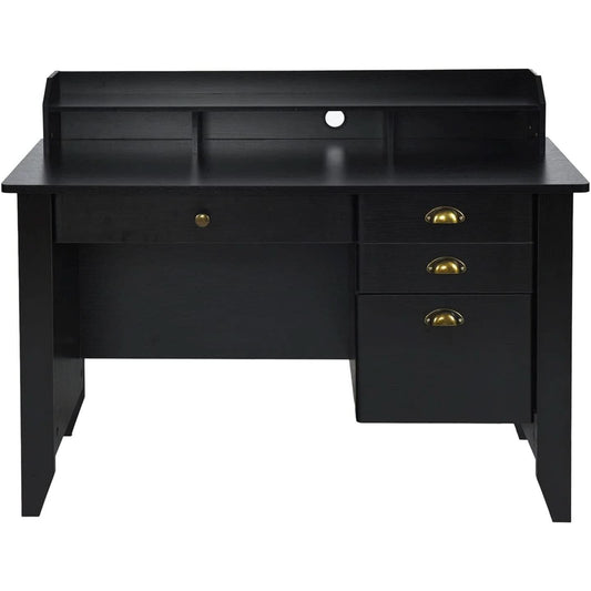 Matte Black Desk With Drawers And Hutch For Home Office