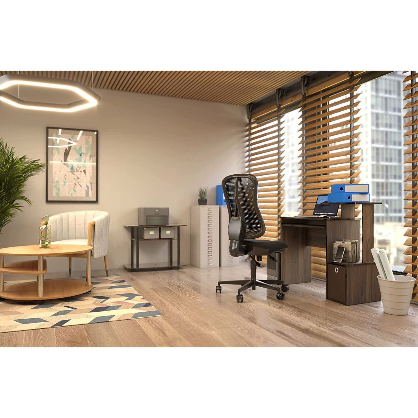 Walnut Compact Desk With Keyboard Tray And Shelves