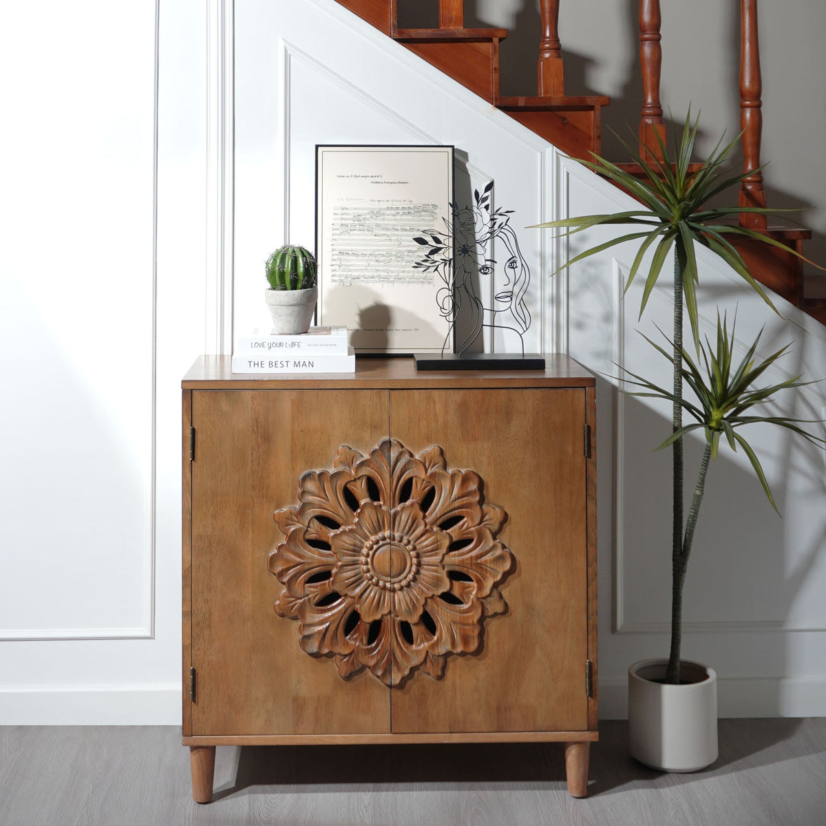 Rustic Hand-Carved Wooden 2-Door Cabinet with Floral Detailing - Natural Wood