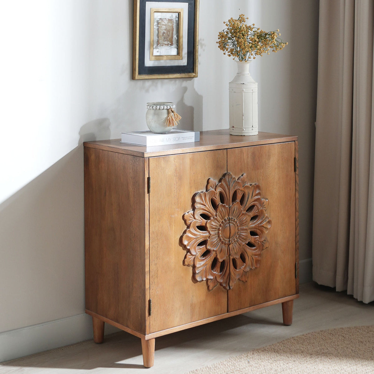 Rustic Hand-Carved Wooden 2-Door Cabinet with Floral Detailing - Natural Wood
