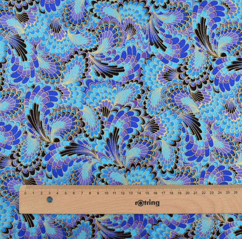 Japanese Floral Cotton Fabric, Handmade Wind-Stamped