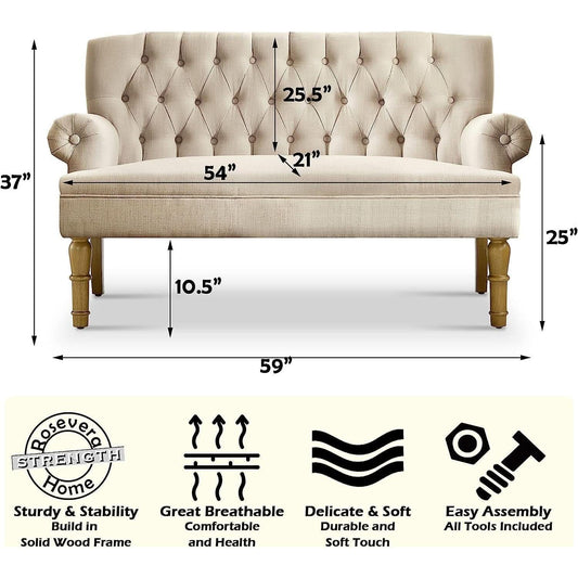 Warm Beige Tufted Linen Love Seat For Small Spaces