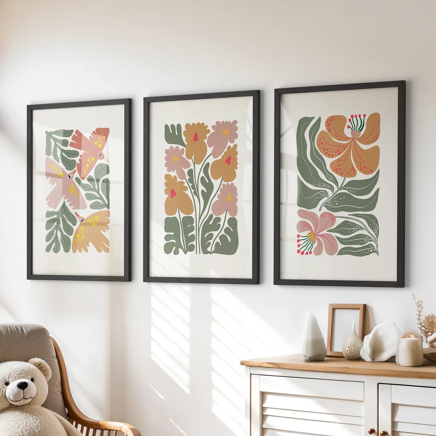 Abstract Botanical Set of 3 Prints. Retro Flower Gallery Art