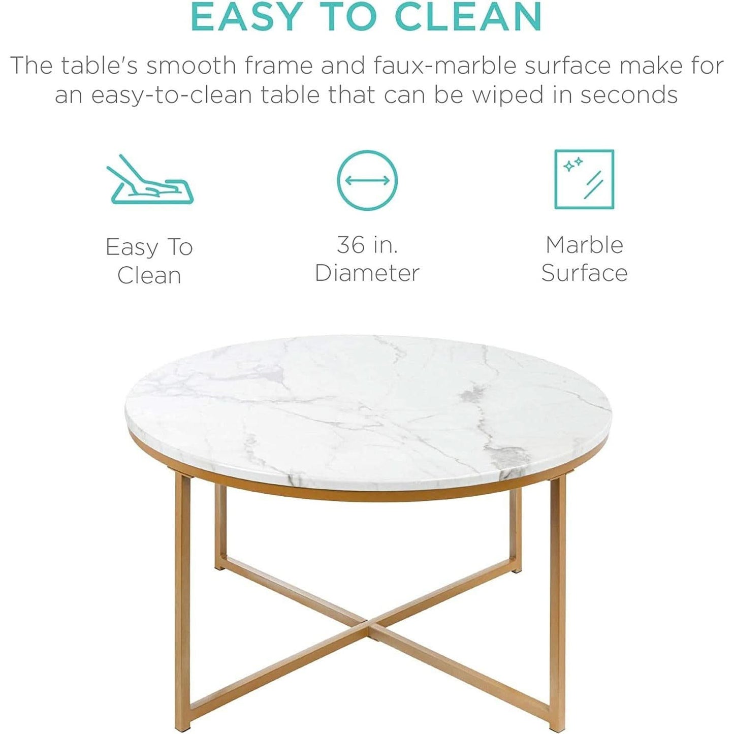Round Coffee Table With Faux Marble Top Cross Leg Design