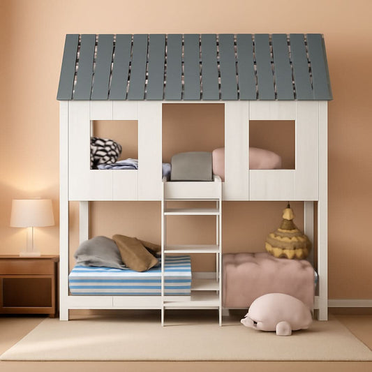 Twin House Bunk Bed With Playhouse White And Gray Finish