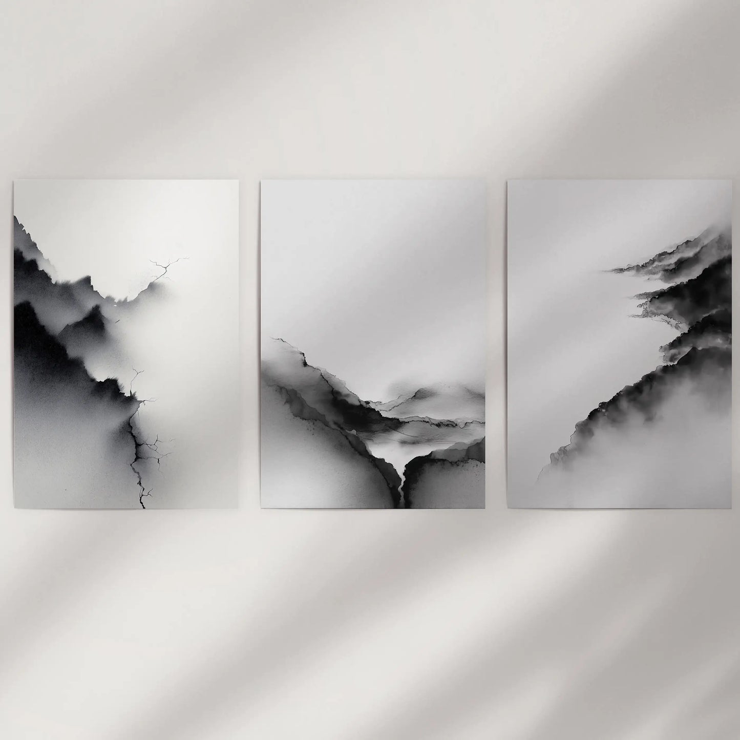 Black White Mountain Landscape Art Set of 3. Calming Nature