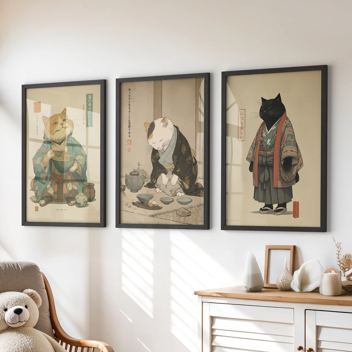 Japanese Ukiyo-e Style Cat Wall Art Set of 3. Tea Ceremony