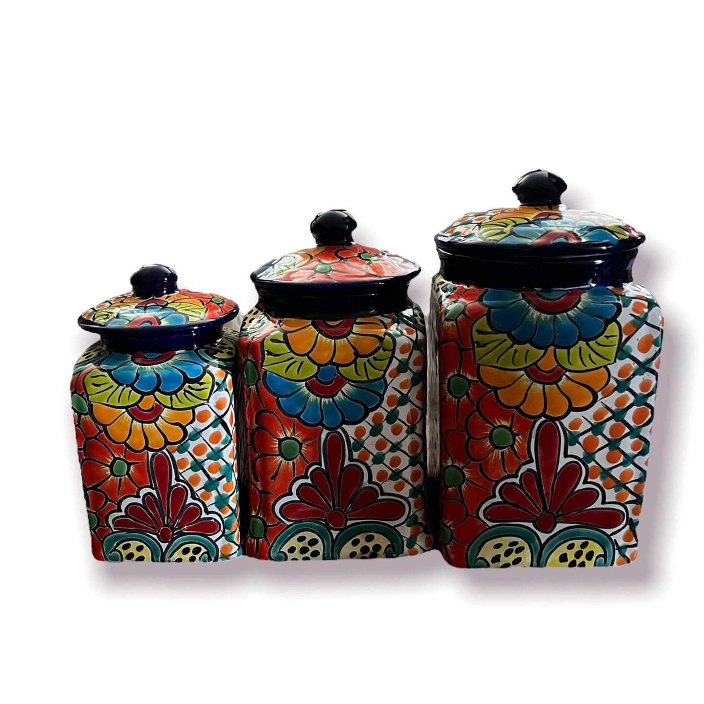 Blue Rim Talavera Canister Set | Multicolor Mexican Pottery Jars