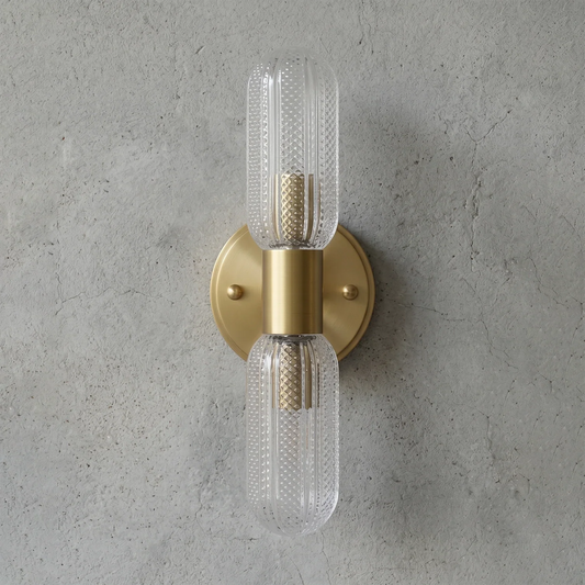 Brass Ribbed Glass Double Wall Sconce