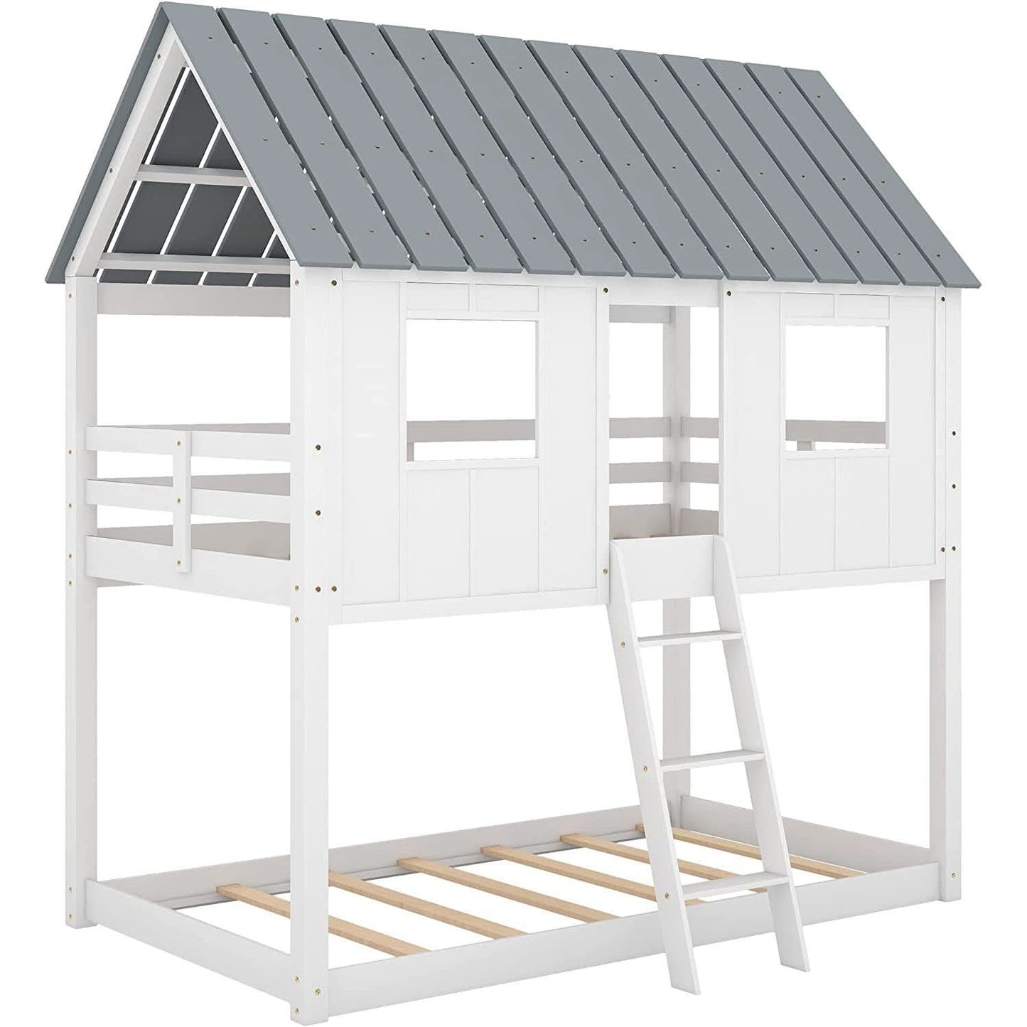 Twin House Bunk Bed With Playhouse White And Gray Finish