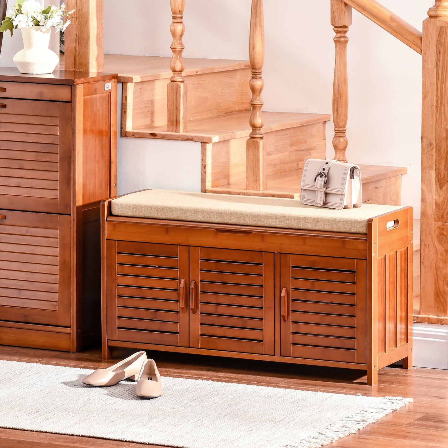 Shoe Bench with Cabinets, Bamboo Entryway Bench with Seating Cushion, 3 Doors and Hidden Compartment for Hallway, Dark Cherry