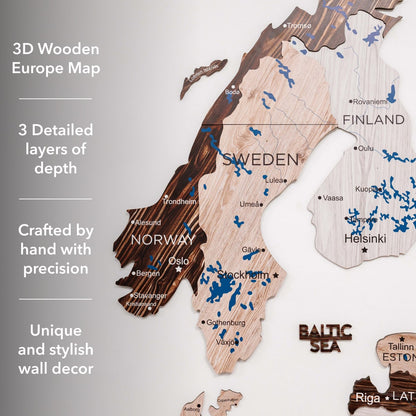 3D Europe Wooden Map Cappuccino
