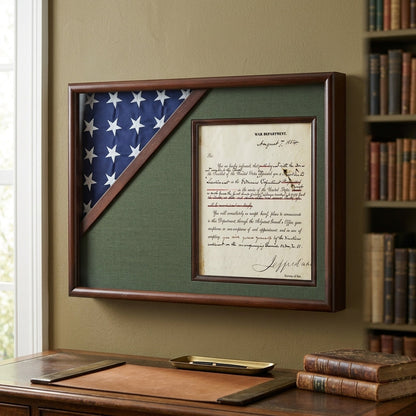 Shadow box for 3' x 5' flag with 8.5 x 11 Document holder, Cherry Finish