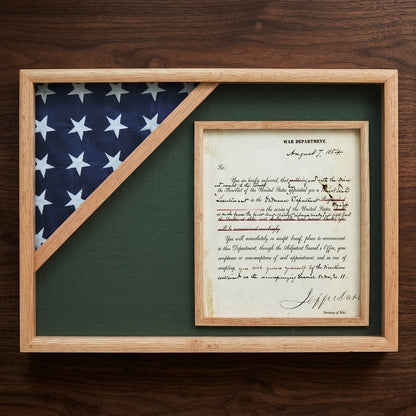 Shadow box for 3ft x 5ft flag with 8.5 x 11 Document holder, cherry Finish
