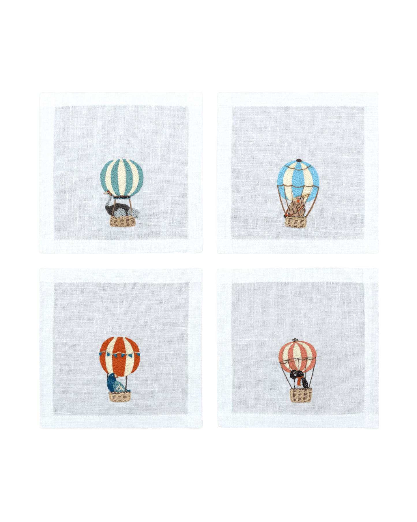 Hand Embroidered Balloon Safari Cocktail Napkins 6" x 6" (Set of 4)