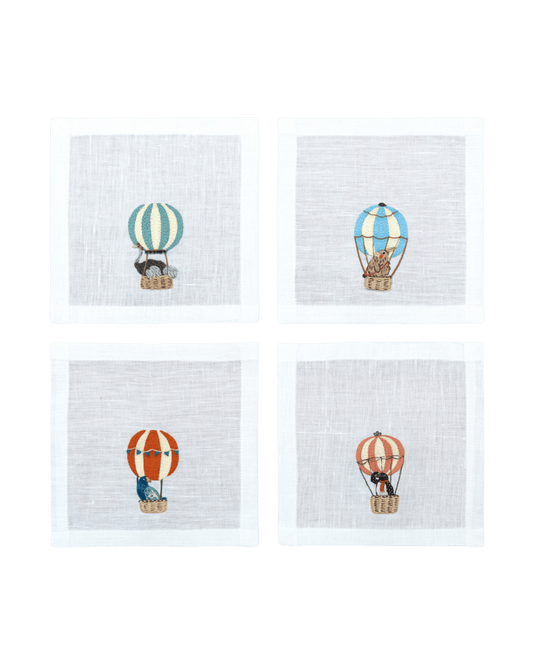 Hand Embroidered Balloon Safari Cocktail Napkins 6" x 6" (Set of 4)