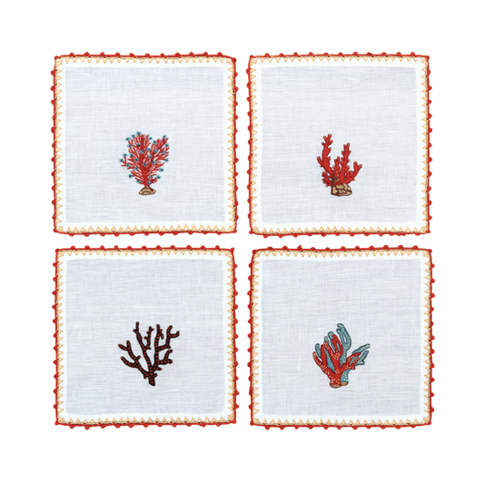 Hand Embroidered Coral Crest Cocktail Napkins 6" x 6" (Set of 4)
