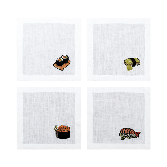 Hand Embroidered Sushi Cocktail Napkins 6" x 6" (Set of 4)