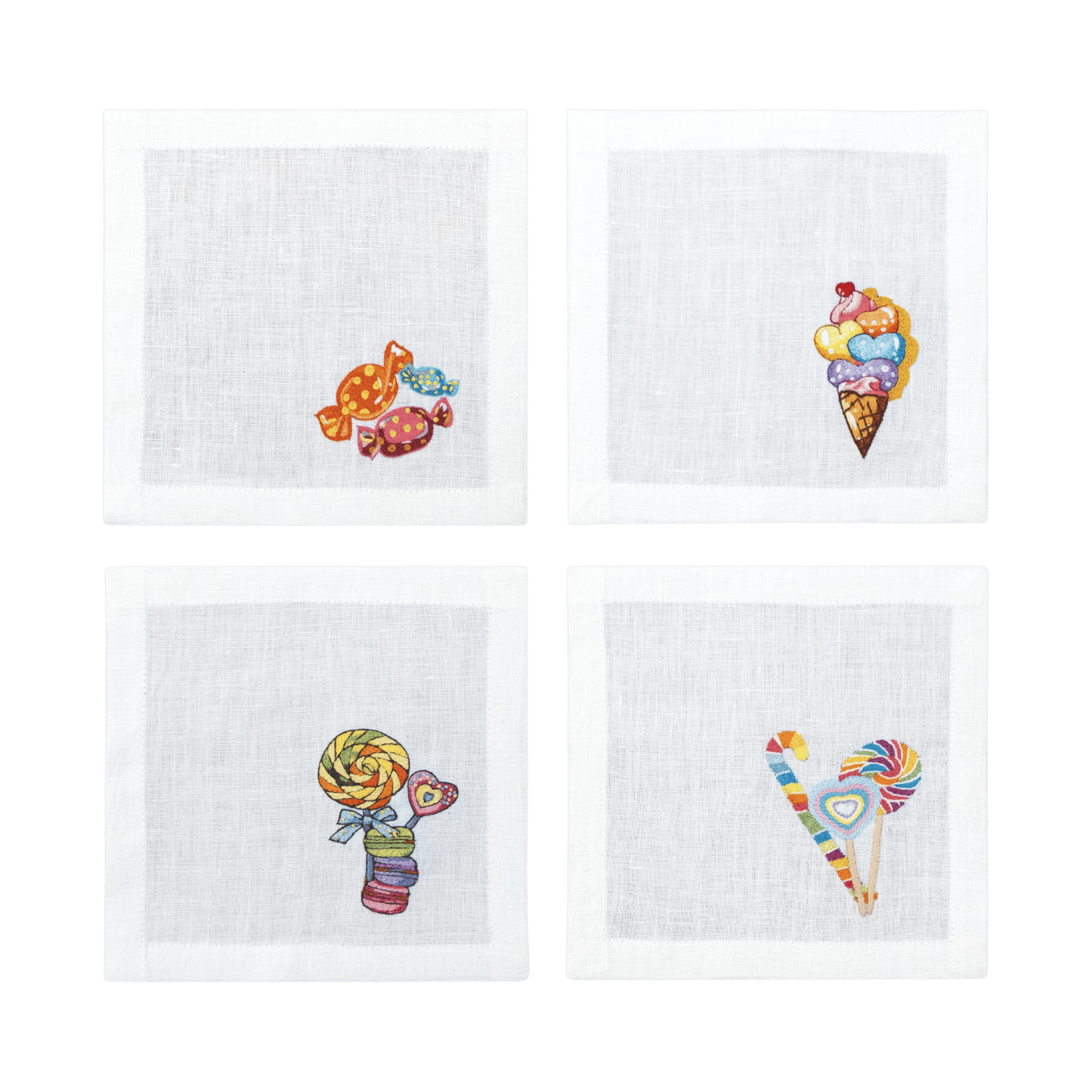 Hand Embroidered Candy Crush Cocktail Napkins 6" x 6" (Set of 4)