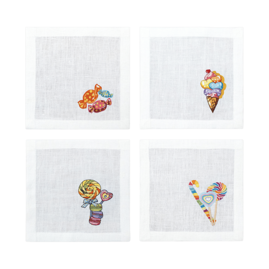Hand Embroidered Candy Crush Cocktail Napkins 6" x 6" (Set of 4)