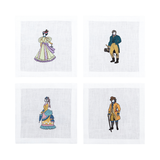 Hand Embroidered Ladies and Gentlemen Cocktail Napkins 6" x 6" (Set of 4)