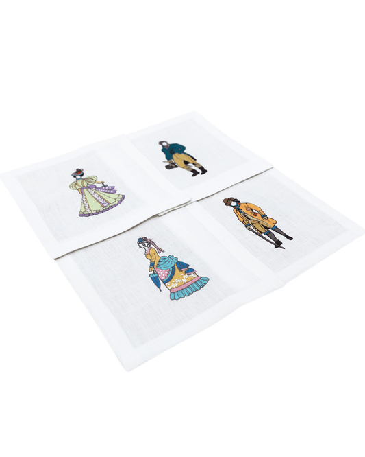 Hand Embroidered Ladies and Gentlemen Cocktail Napkins 6" x 6" (Set of 4)