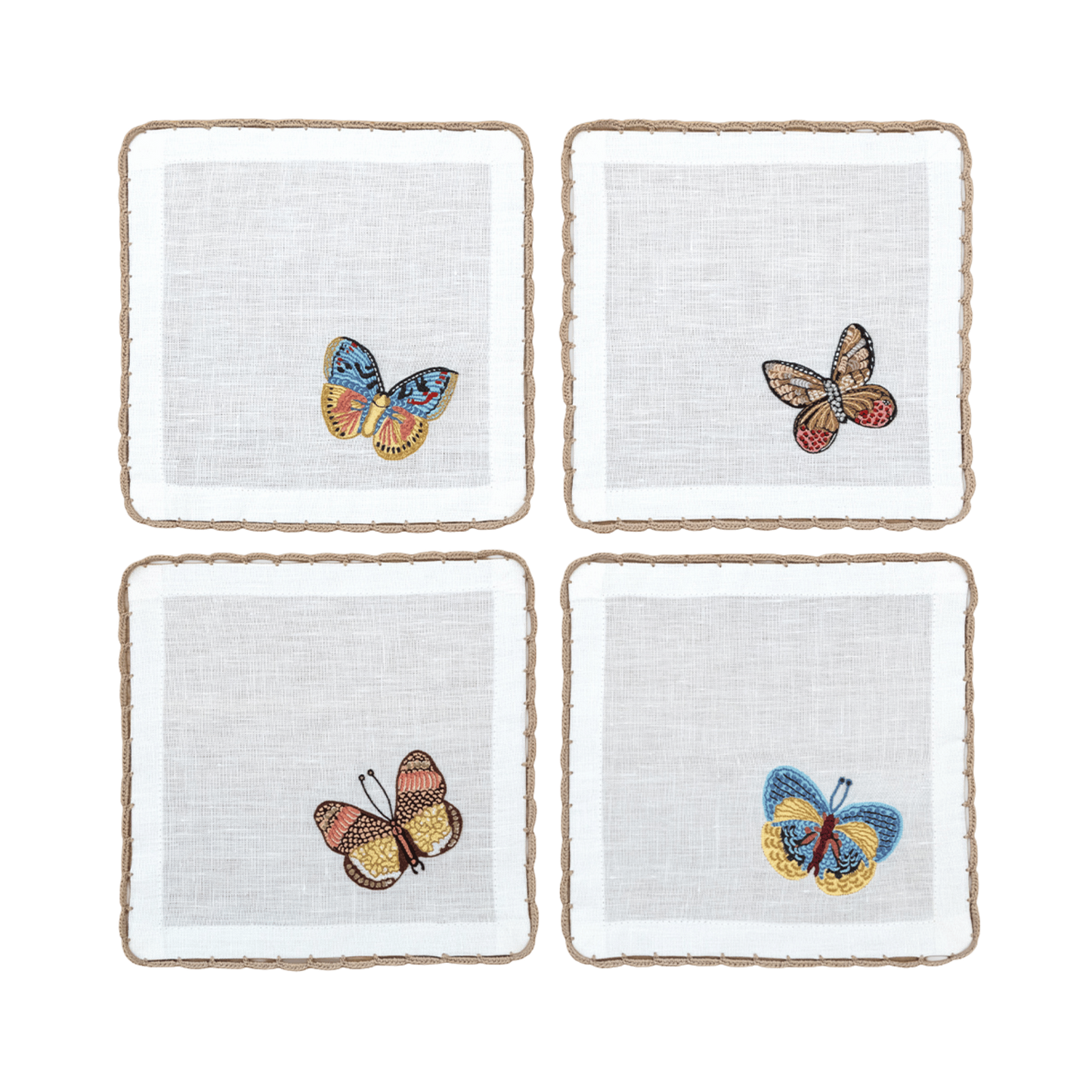 Hand Embroidered Flutter and Lace Cocktail Napkins 6" x 6" (Set of 4)