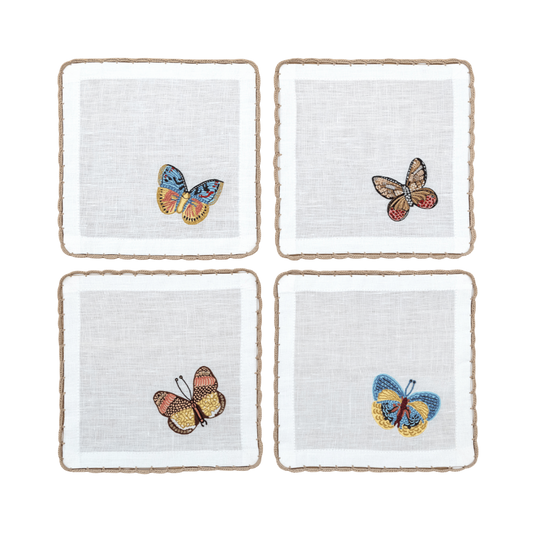 Hand Embroidered Flutter and Lace Cocktail Napkins 6" x 6" (Set of 4)