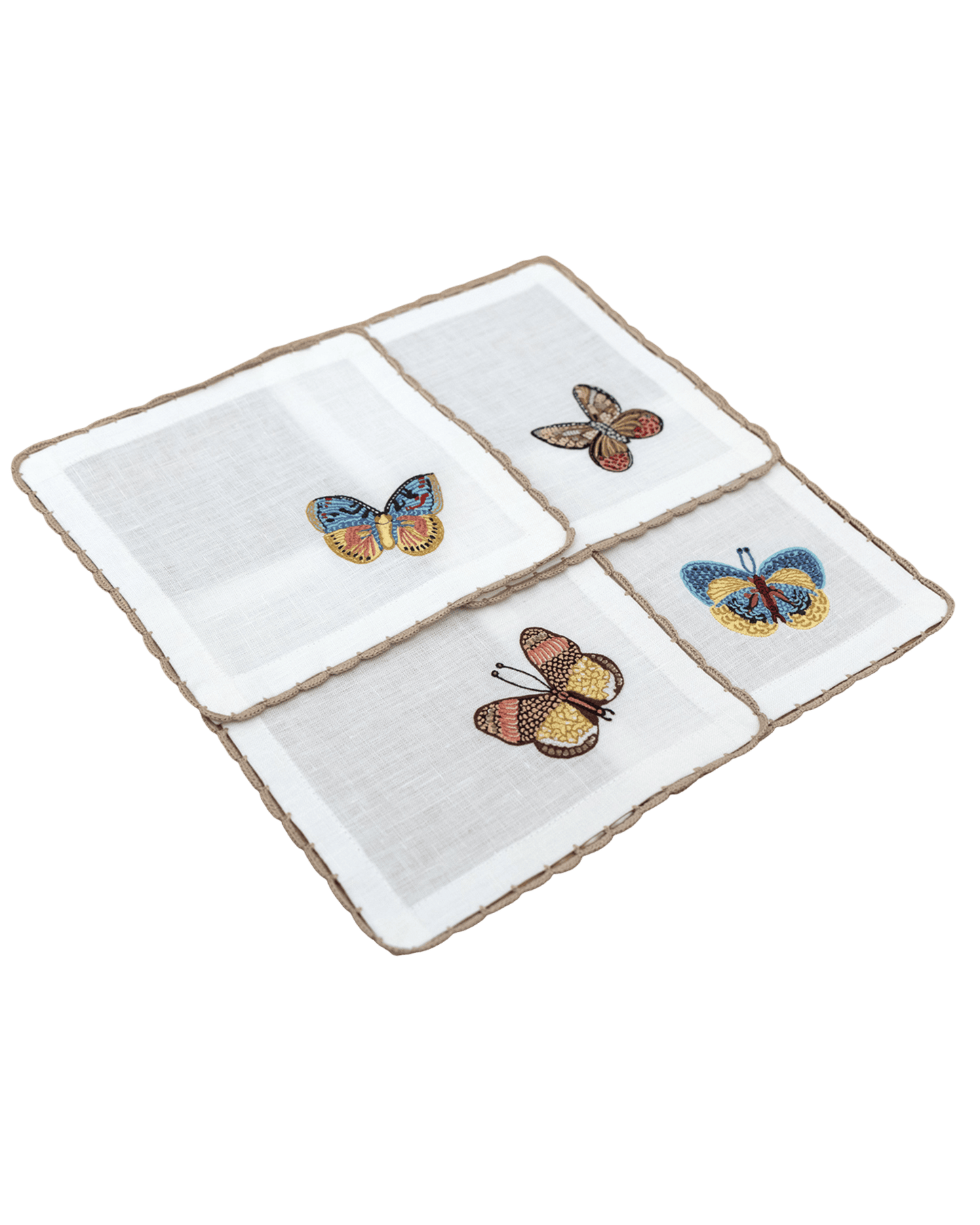 Hand Embroidered Flutter and Lace Cocktail Napkins 6" x 6" (Set of 4)