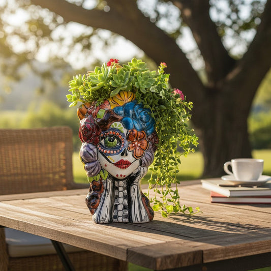 Colorful Talavera Skull Planter | Hand-Painted Ceramic Pot