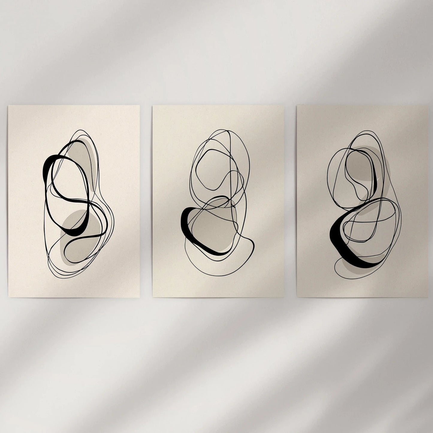Black and Beige Abstract Set of 3 Wall Art. Minimalist Lines