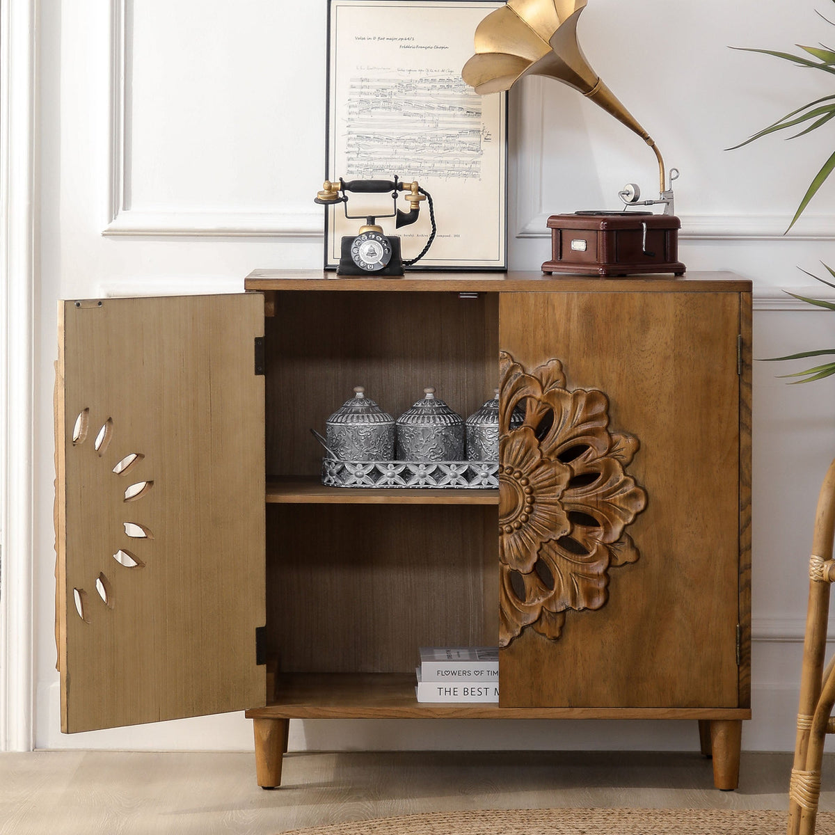 Rustic Hand-Carved Wooden 2-Door Cabinet with Floral Detailing - Natural Wood