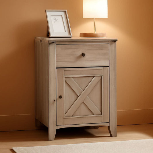 Barnwood Rustic Nightstand With X Shaped Barn Doors Grey