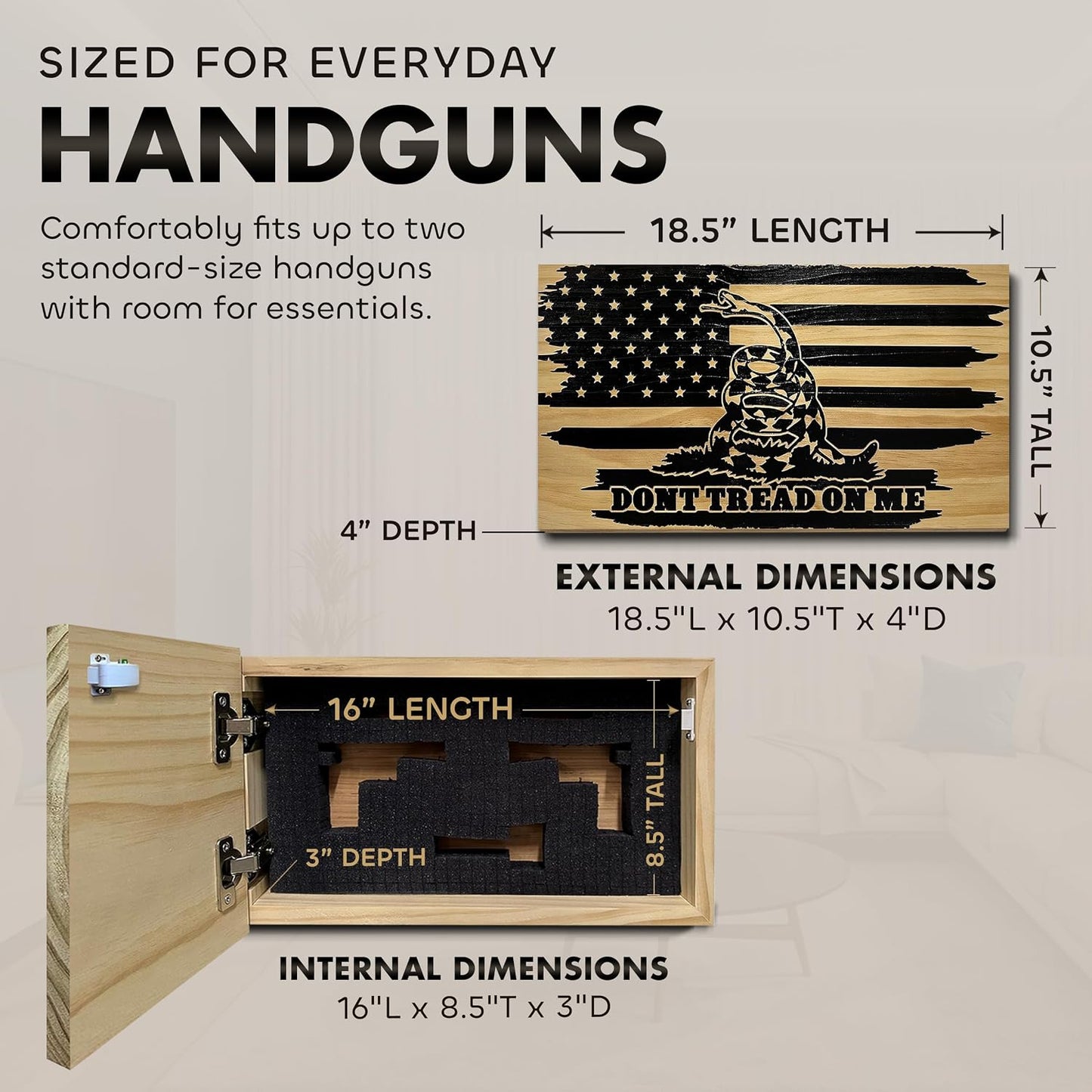 Dont Tread on Me Concealment Shelf - Quick Access Patriotic Hidden Gun Storage with Magnetic Lock - Safe & Secure Gun Concealment Furniture (Distressed)