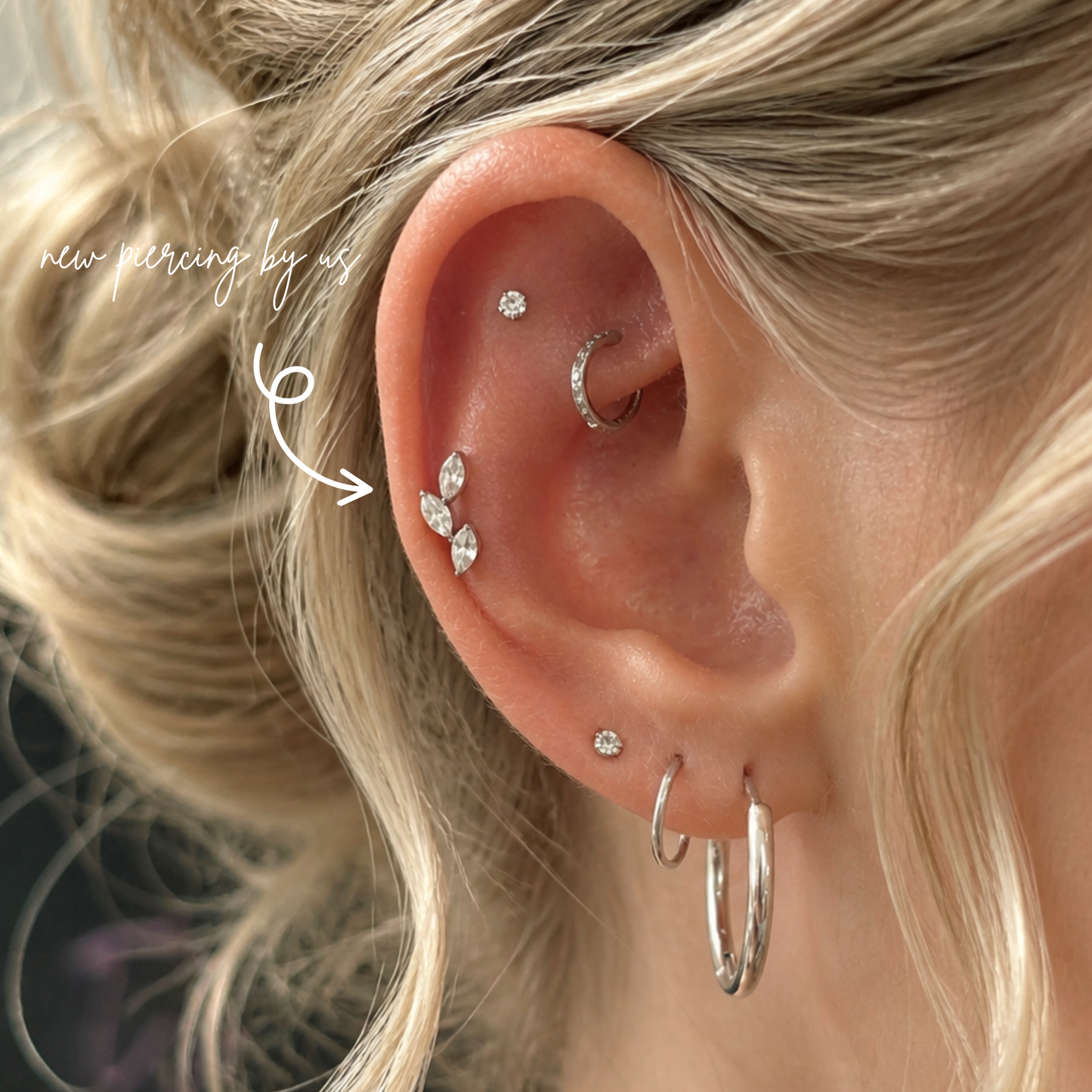 Oval CZ Leaves Branch Threadless Labret Titanium Flat Back Earring
