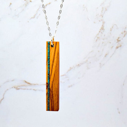 Wood & Sterling Silver Bar Necklace, Vertical Stone Inlay