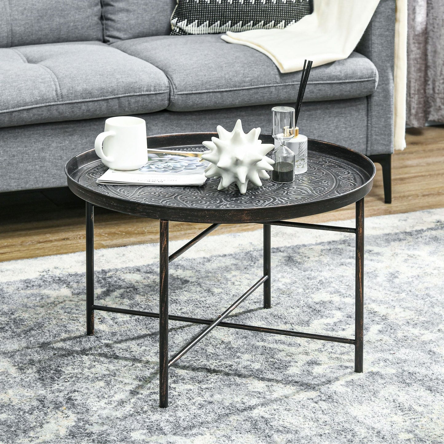 Modern Hammered Tray Top Coffee Table - 24" Round with Sturdy Metal Frame for Stylish Interiors