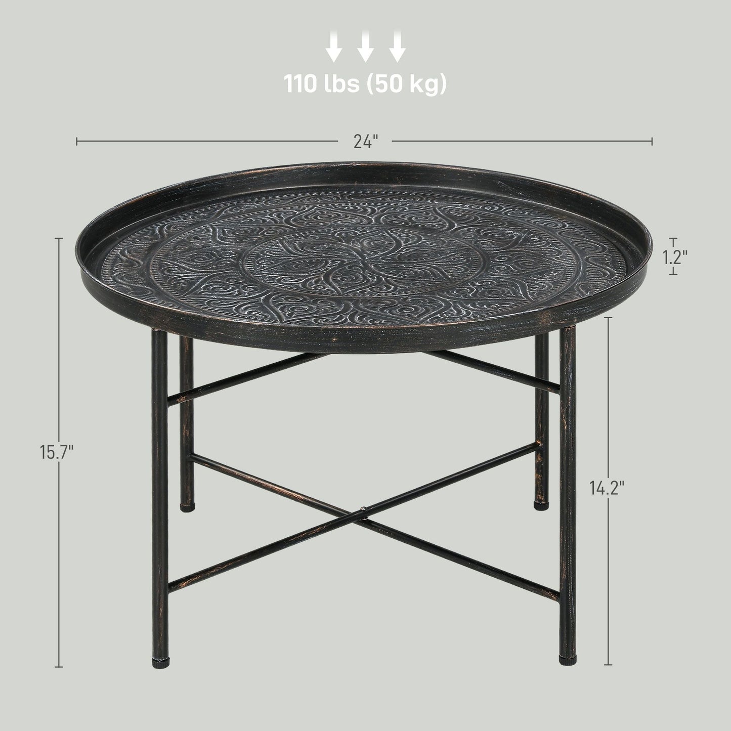 Modern Hammered Tray Top Coffee Table - 24" Round with Sturdy Metal Frame for Stylish Interiors