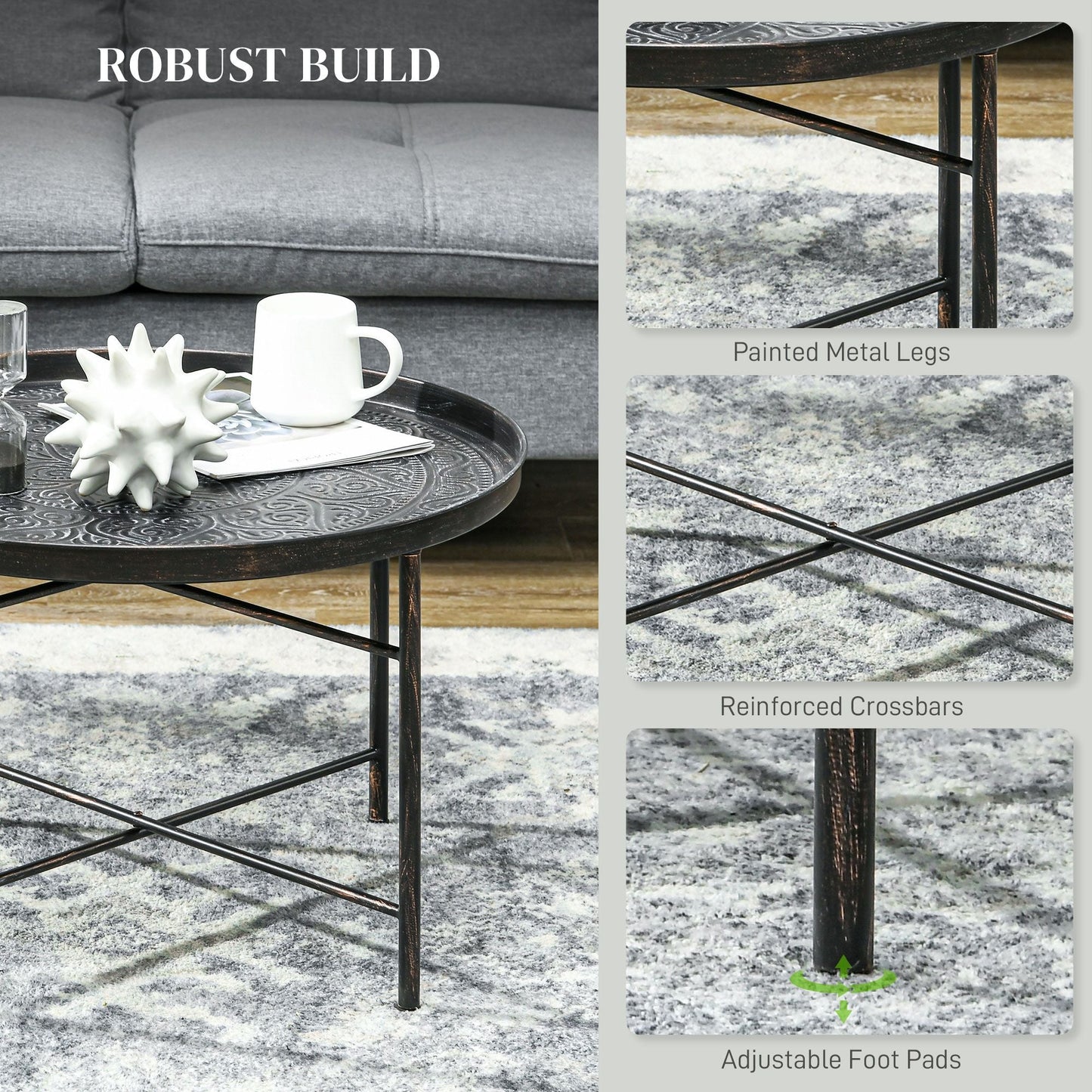 Modern Hammered Tray Top Coffee Table - 24" Round with Sturdy Metal Frame for Stylish Interiors