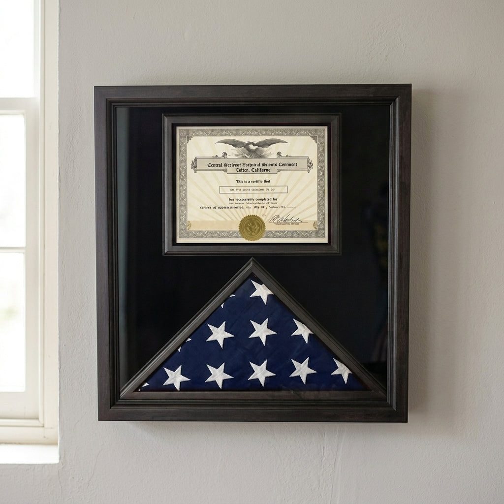 Flag and Certificate Case Black Frame, with certificate holder American Made