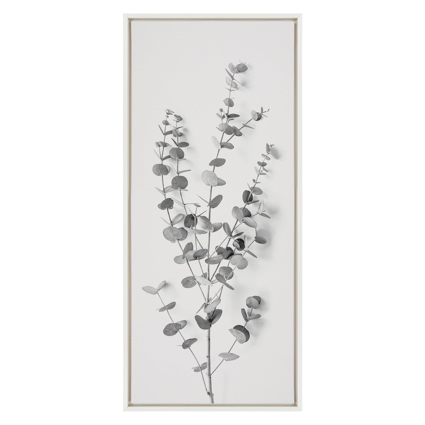 Sylvie Eucalyptus Botanical I Gray and Soft White Framed Canvas by The Creative Bunch Studio