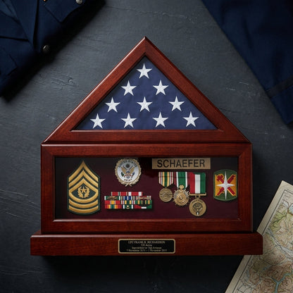 Combination Flag Display Case Shadow Box, Flag medal pedestal - Medallions in Solid Brass