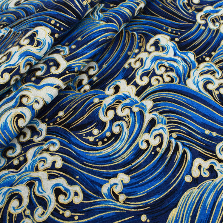 Japanese Floral Cotton Fabric, Handmade Wind-Stamped
