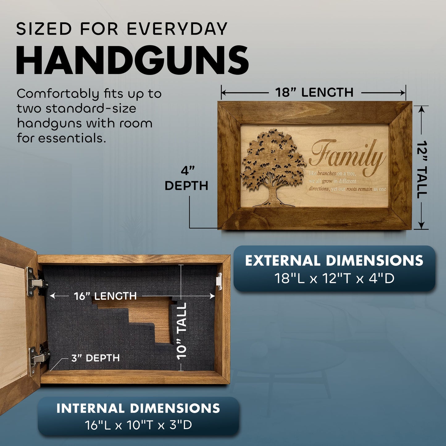 Family Tree Hidden Gun Safe - Handcrafted Gun Concealment Decor - Hidden Gun Shelf for Quick Access
